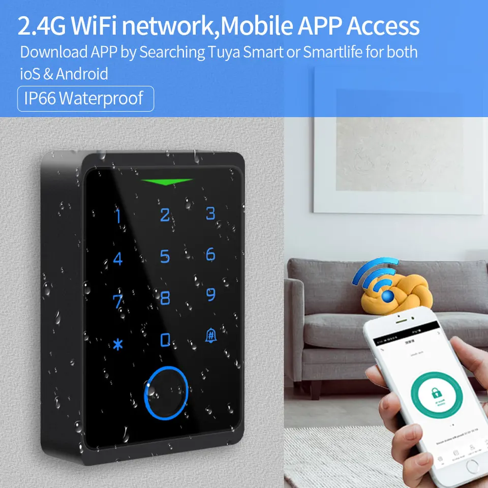FUSYTULY WiFi Tuya Touch Access Controller RFID Keyboard Access Control System IP68 Waterproof Electric Lock Power Supply 15 Pcs 125Khz Remote Key
