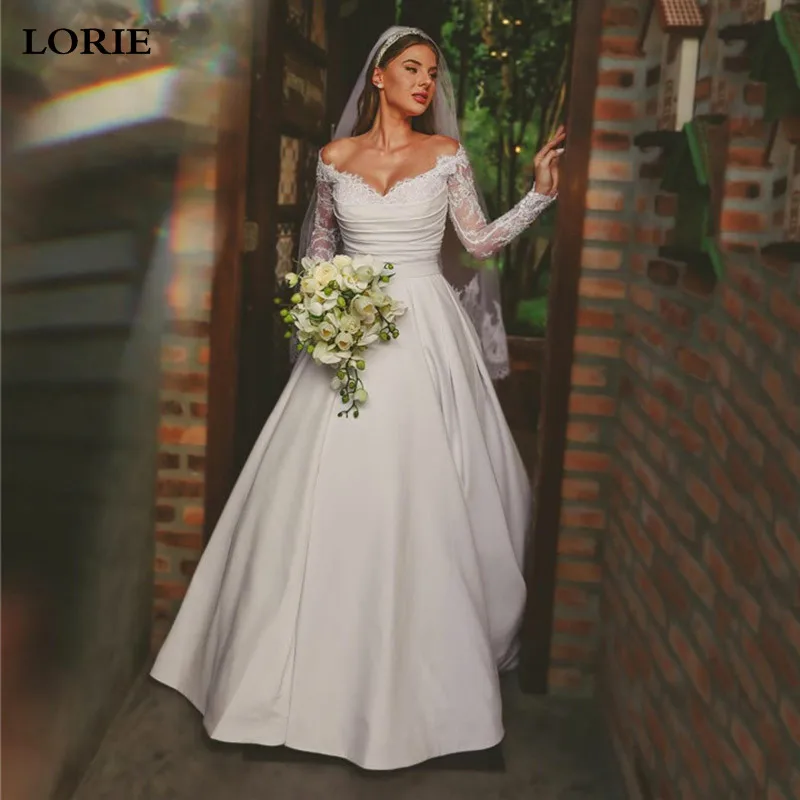 

LORIE Lace Long Sleeve Wedding Dress A Line Off The Shoulder Elegant Pleats Bride Dresses With Bow Women Wedding Party Dress