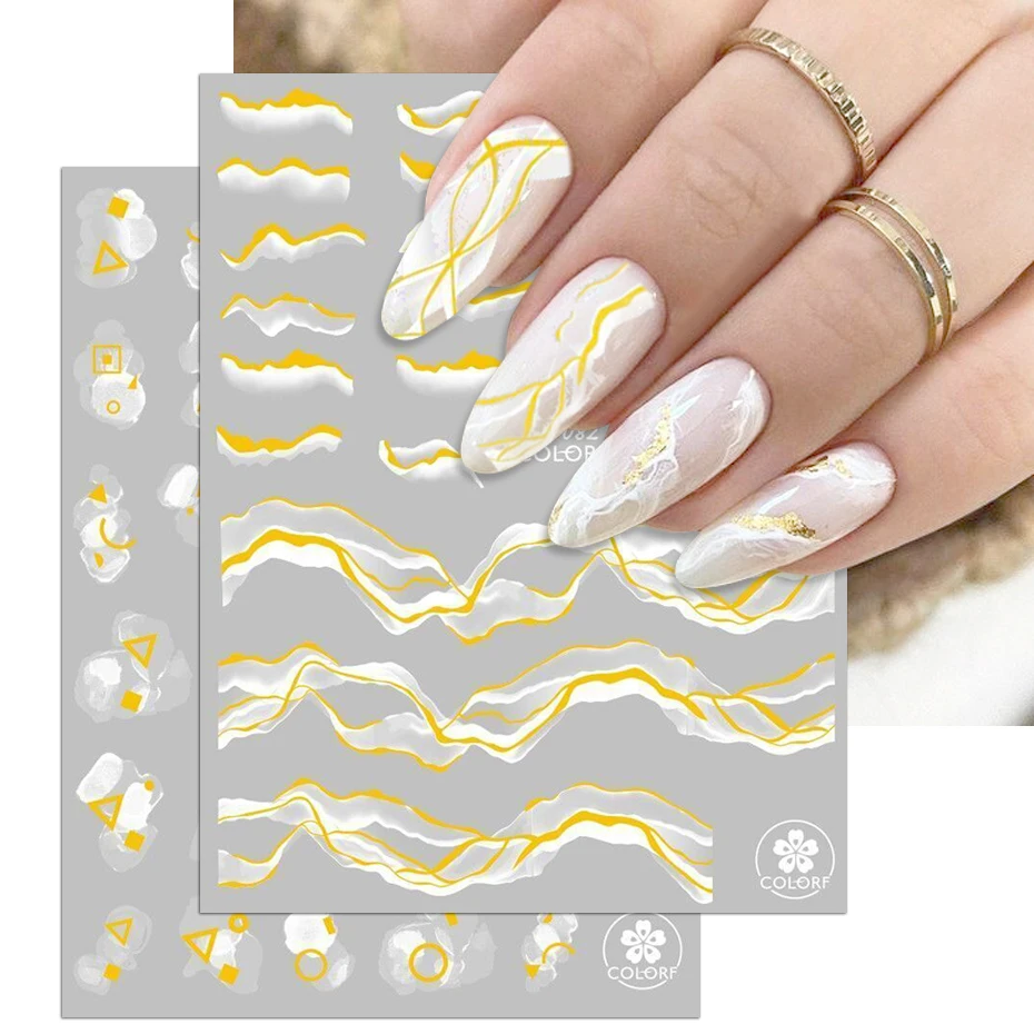 Bronzing Gold Stripes Press On Nails 3D Stickers Ombre White Marble Nail Art Sliders Lines Stripes Flake Summer Manicures CC-083