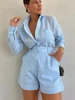 Women Long Sleeve 2 Pieces Sets Casual Simple Button Pockets Short Pant with Shirts Tops 2024 Summer Fashion Suit Female Outfits 6