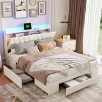 Двуспальная кровать Anajqaqia с мягкой обивкой, кровать для хранения вещей с ящиками, светодиодной подсветкой и зарядкой через USB, бархатная ткань, бежевый