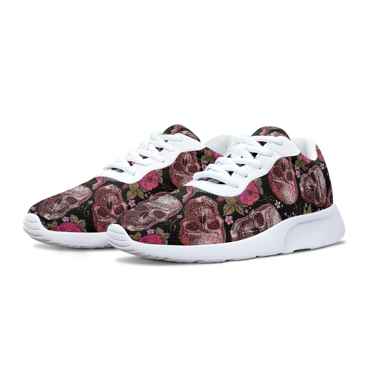 Skull Flowers Print Women's Sneaker Wear-resistant Dirt Resistant Cozy Outdoor Running Shoes Lightweight Breathable Walking Shoe