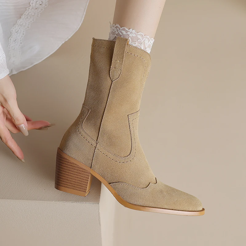 

W11new Genuine leather pointed toe short boots women frosted thick high heel boots