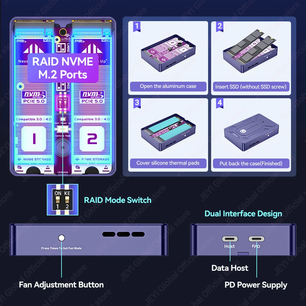 JEYI 2베이 M.2 NVMe RAID 인클로저 USB 4.0+RAID0(20Gbps) /썬더볼트 4/3(10Gbps) 호환 스마트 팬 4 RAID 모드 최대 16TB