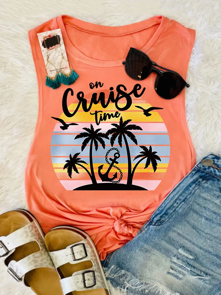 

Beach Tank Tops for Women Cute On Cruise Time Coconut Tree Graphic Tee Summer Vacation Sleeveless Shirts Casual Holiday Vest