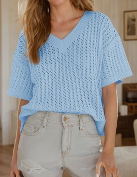 Fashion Tops Unique Design V-Neck Knitted Commuter Short-Sleeved T-Shirt Casual All-Match tops, Women's Clothing 3
