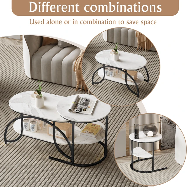 Lot de 2 Tables Basses Gigognes, Table de Salon Ronde, Table Basse Gigogne avec Rangement Ensemble de Table Basse avec Cadre Métallique Durable pour Salon, Chambre, Bureau 1