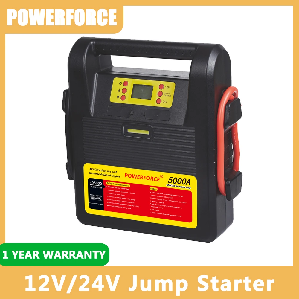 

POWERFORCE 12V/24V Jump Starter Power Bank 128000mAh Battery Booster Charging System and Start Operating 5000A Starting Device