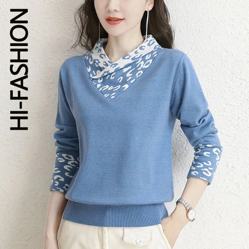 HI-FASHION 여성용 V넥 스웨터 디자인 의류, 부드러운 패치워크, 기본 부드러운 여성 가을 따뜻한 레트로 심플 풀오버 