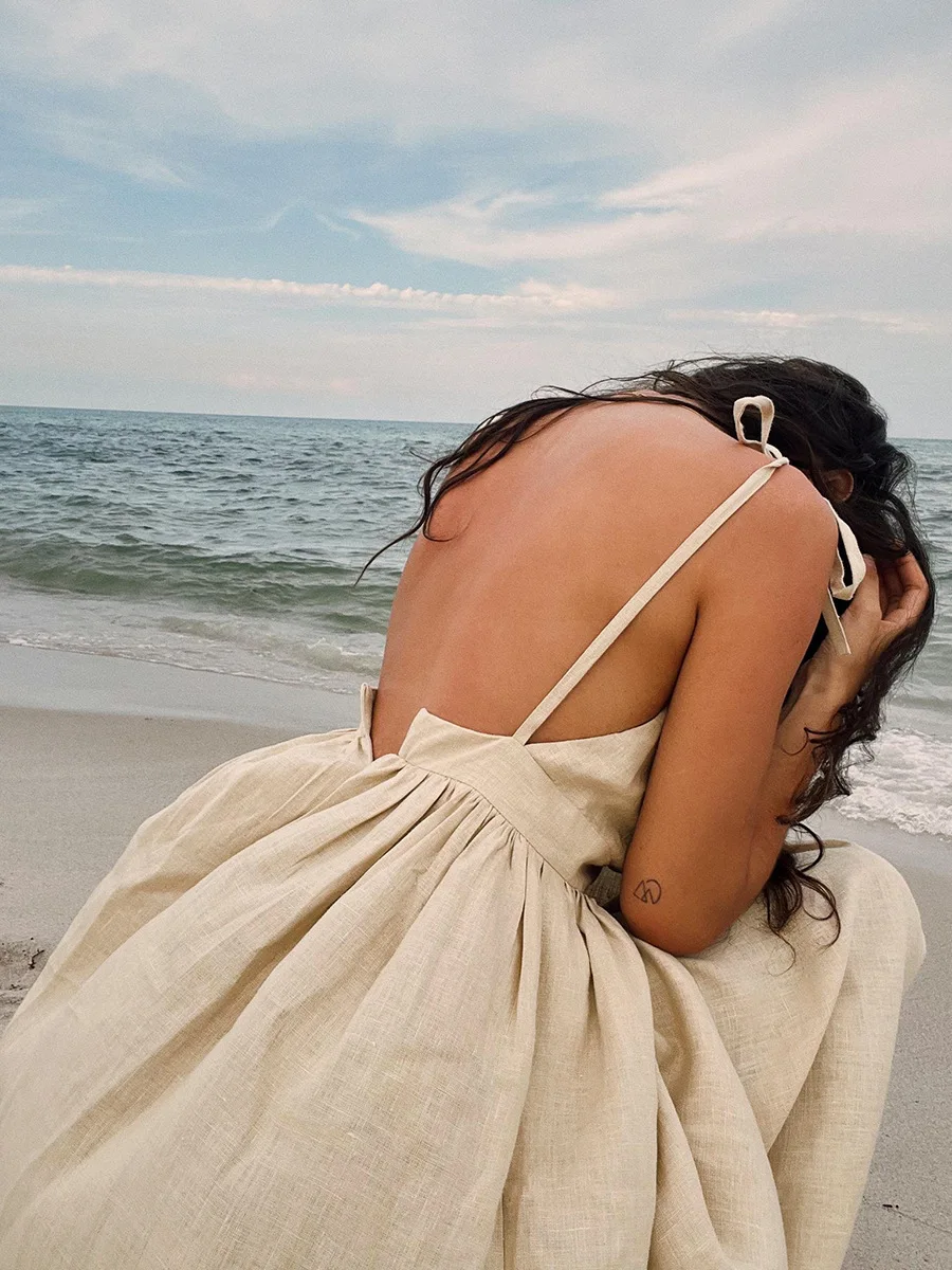 여성용 우아한 섹시한 백리스 드레스, 모리 스타일, V-넥, 세련된 해변 원피스, 휴일 패션 의상, 서스펜더 여름