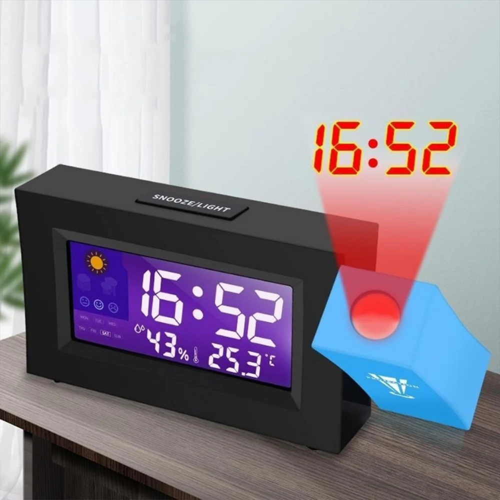 Neue Projektion Wecker Schreibtisch Tisch Led Uhr Hintergrundbeleuchtung  Indoor Display Temperatur Zeit Datum Stimme Wake up Projektion Uhr -  AliExpress