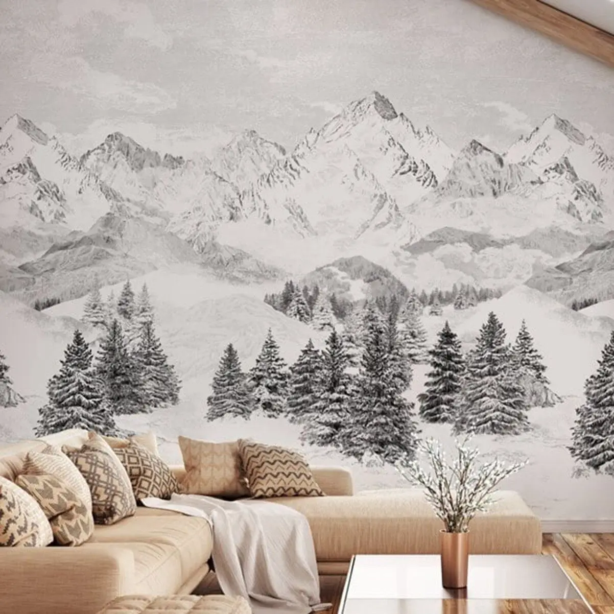 

Панорамный пейзаж, нетканые обои Les Cimes, Снежная гора, Настенная роспись, скандинавские обои черно-белого цвета