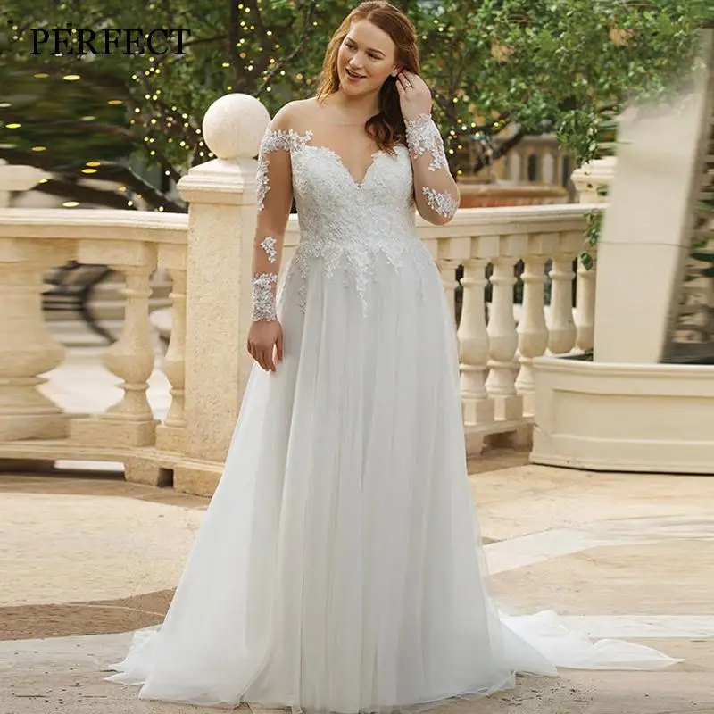 

Идеальное классическое женское свадебное платье-трапеция, модель 2023 года, кружевные платья с длинными рукавами и глубоким круглым вырезом, свадебные платья из тюля, изготовление на заказ