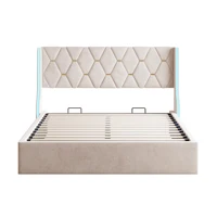 Кровать Comanlai 140x200 см с мягкой обивкой и светодиодной подсветкой, двуспальная кровать с решетчатым каркасом, гидравлический каркас кровати для хранения вещей - бархатная ткань — изображение 5