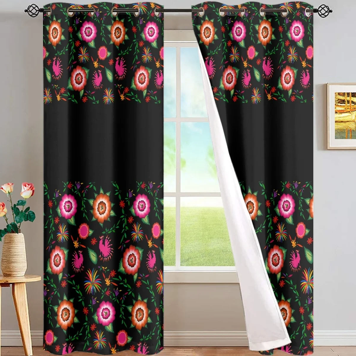 

Mexican Embroidery Style Curtains For Living Room 2 Pieces Drop Shipping Folk Art Colorful Beautiful Flowers Bedroom Curtains