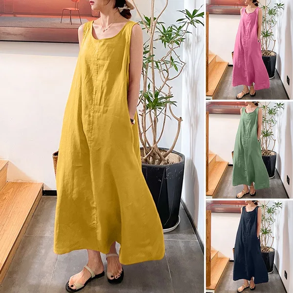 

Women Summer Beach Sundress O Neck Sleeveless Pocket Solid Tank Dress Women Fashion Casual Party Robe Maxi Long Dress