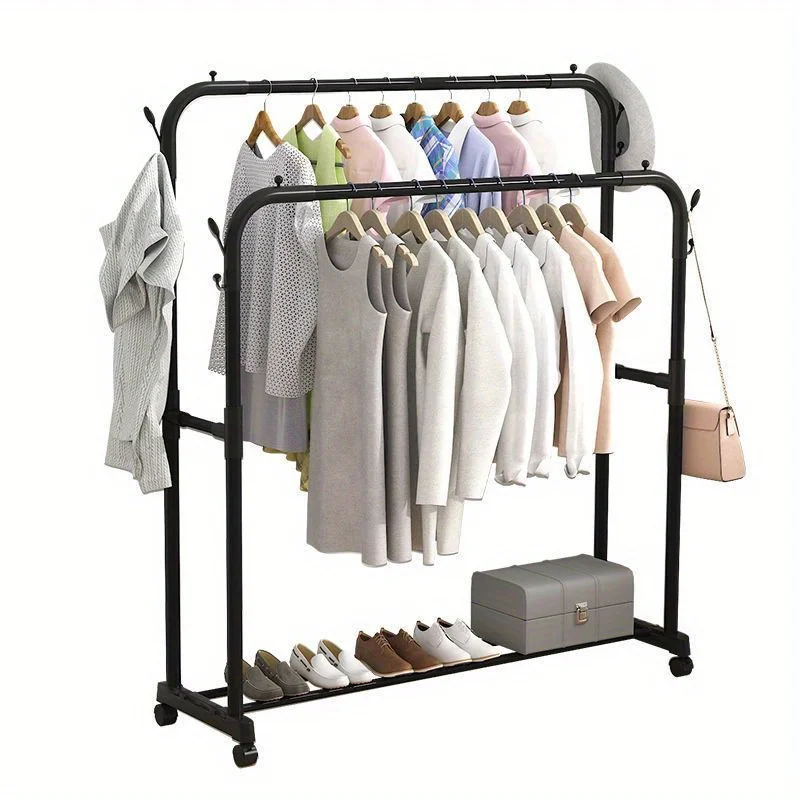 Double-Layer Clothes Drying Rack with Shoe Storage Shelf–Organizer Shelf,Floor Standing Design for Bedroom,Balcony,or Bathroom 2