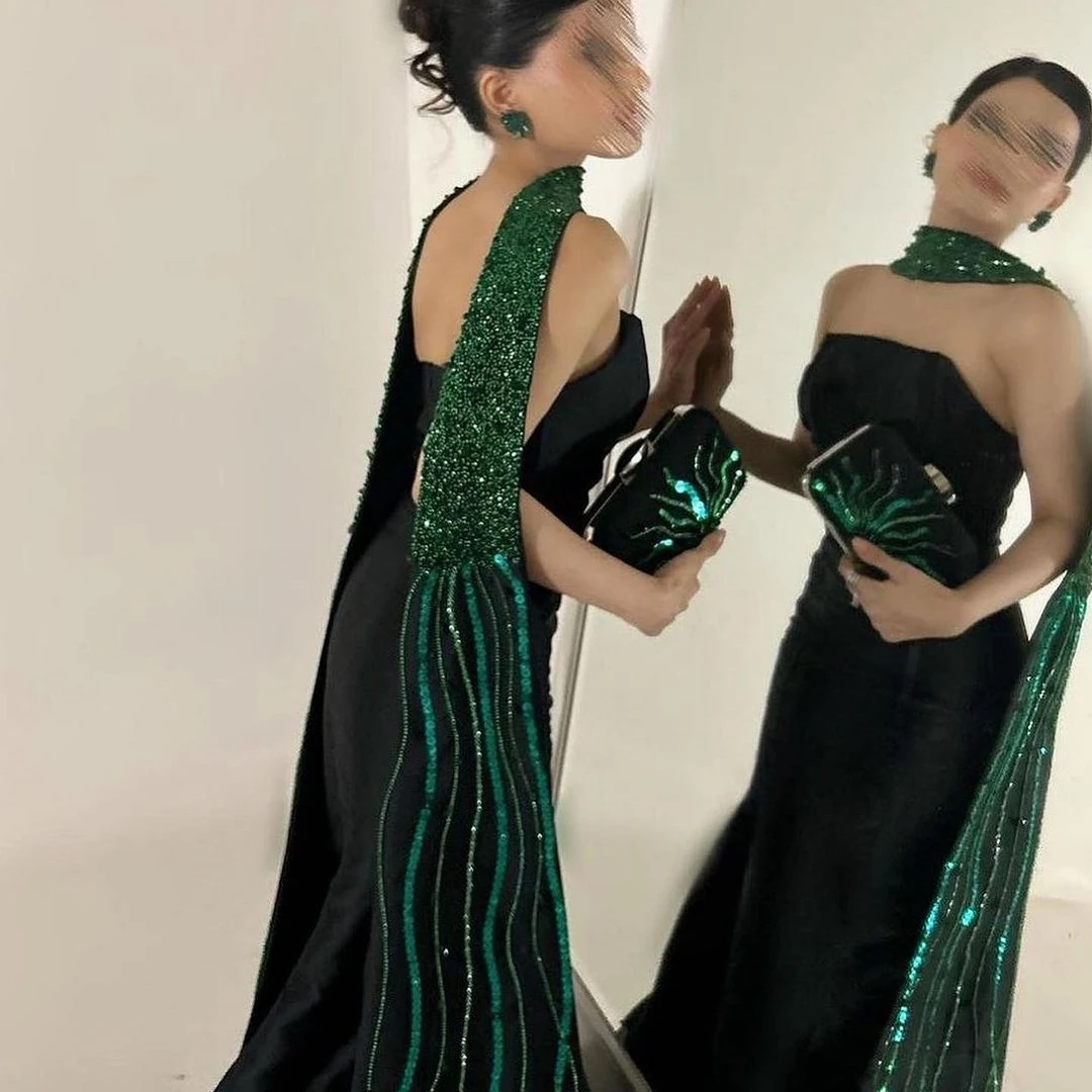 

Meetlove Strapless Prom Dresses Ankle-Lengh Black Sleeveless Beaded Wedding Party A-Line Zipper Up Sequins Women 2023