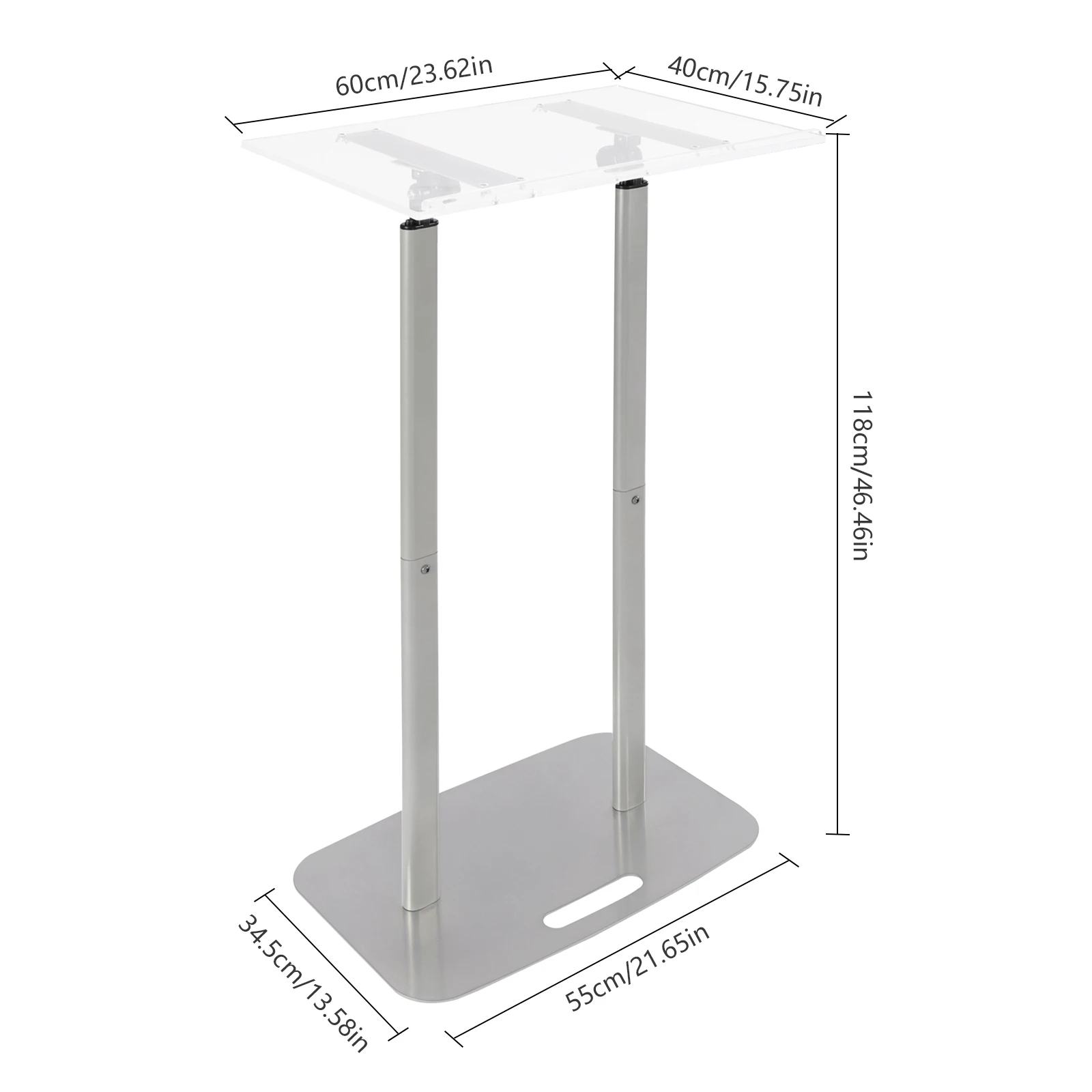 Clear Acrylic Podium Silver Iron Body and Base 46.46 Inch Height Floor Standing Lectern Pulpit Desk for Schools, Conference 5