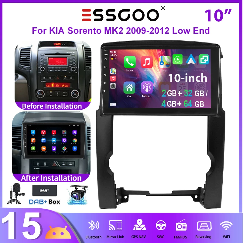 ESSGOO Radio para Auto de 10 Pulgadas con Android 15, 4+64G/2+32G para Kia Sorento II XM 2009-2013, con CarPlay y Android Auto Inalámbricos, Navegación GPS, RDS, FM, WiFi, Bluetooth, ASP, Mirror Link, Pantalla Táctil, Control del Volante y Sistema 1