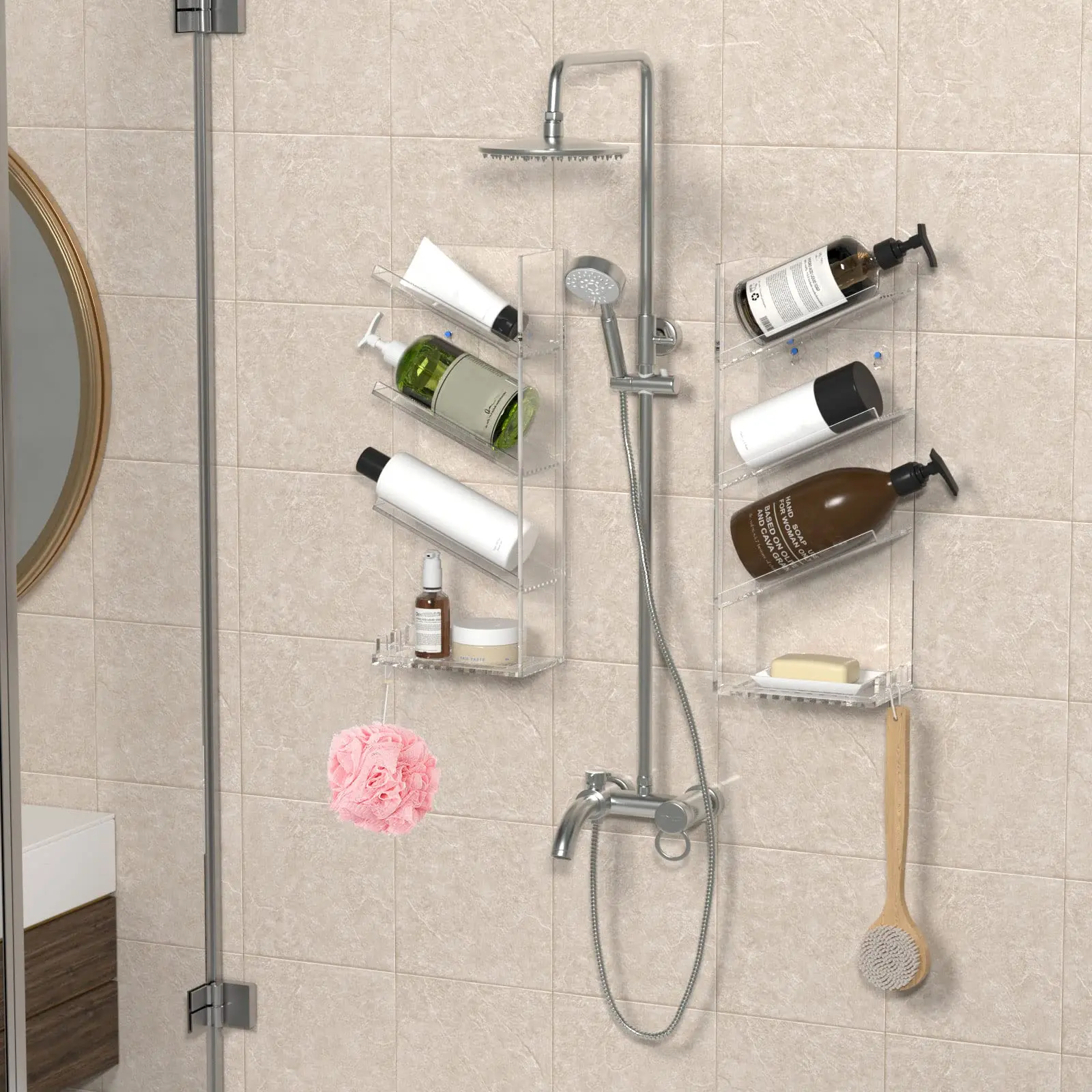 https://ae01.alicdn.com/kf/Af6ed589505b045559fdcf1e9d3cbb6f5O/Clear-Acrylic-Bathroom-Organizer-Shower-Caddy-No-Drilling-Adhesive-Shampoo-Holder-Wall-Mounted-with-Hooks.jpg