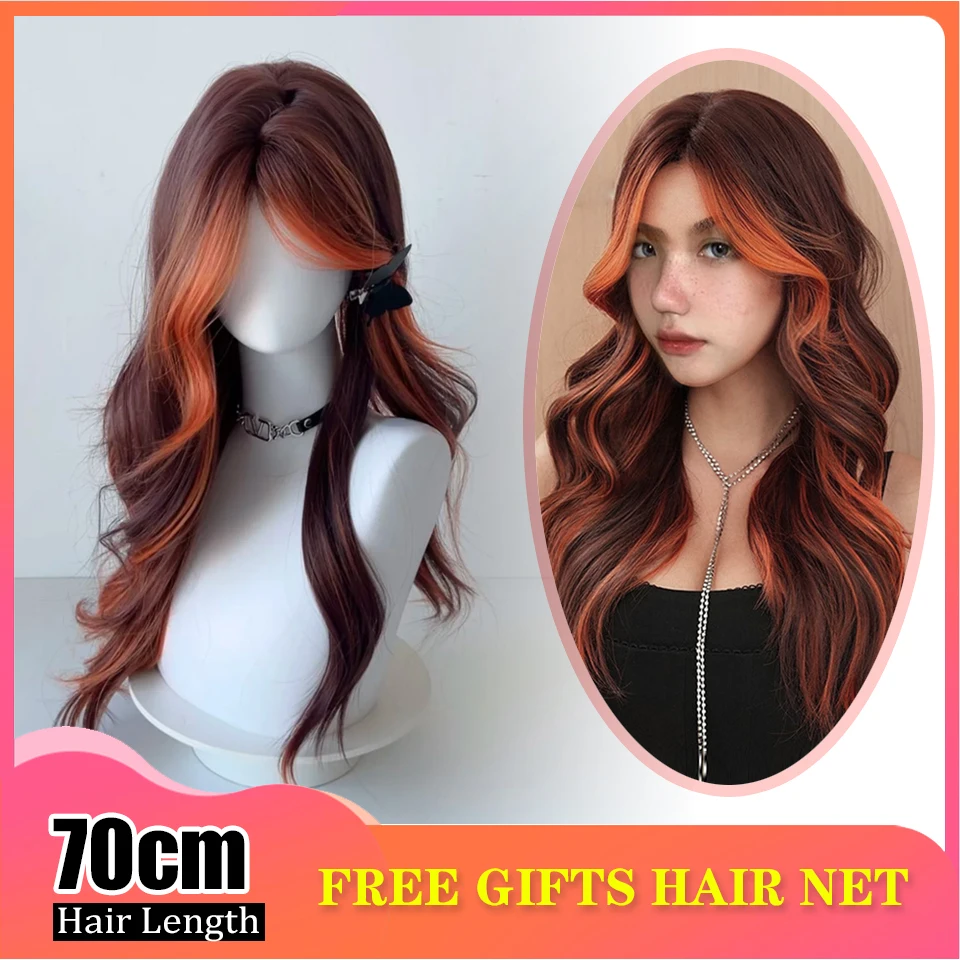 Long Wavy Ombre Pink Synthetic Wigs with Bangs Wig Dark Roots Party Daily Hair Heat Resistant Fiber Soft Colorful Wig