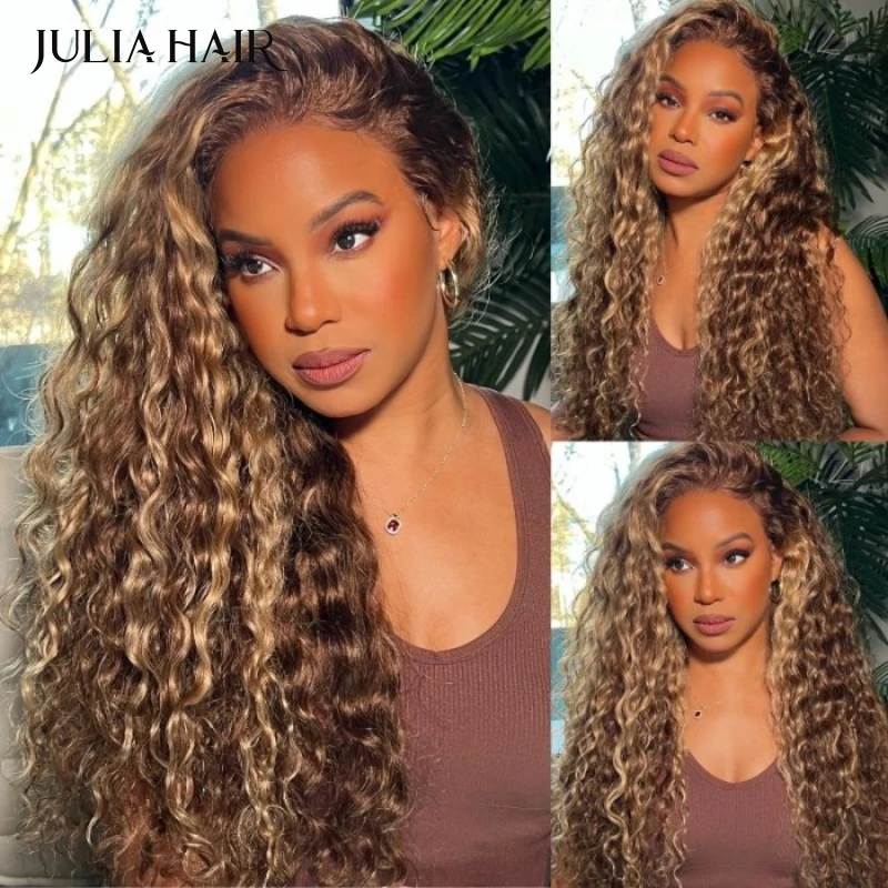 

Julia Honey Blonde Water Wave Highlight Wig 13x4 Lace Front Human Hair Wig Pre Plucked Piano Brown Beyonce Grammys Awards Style