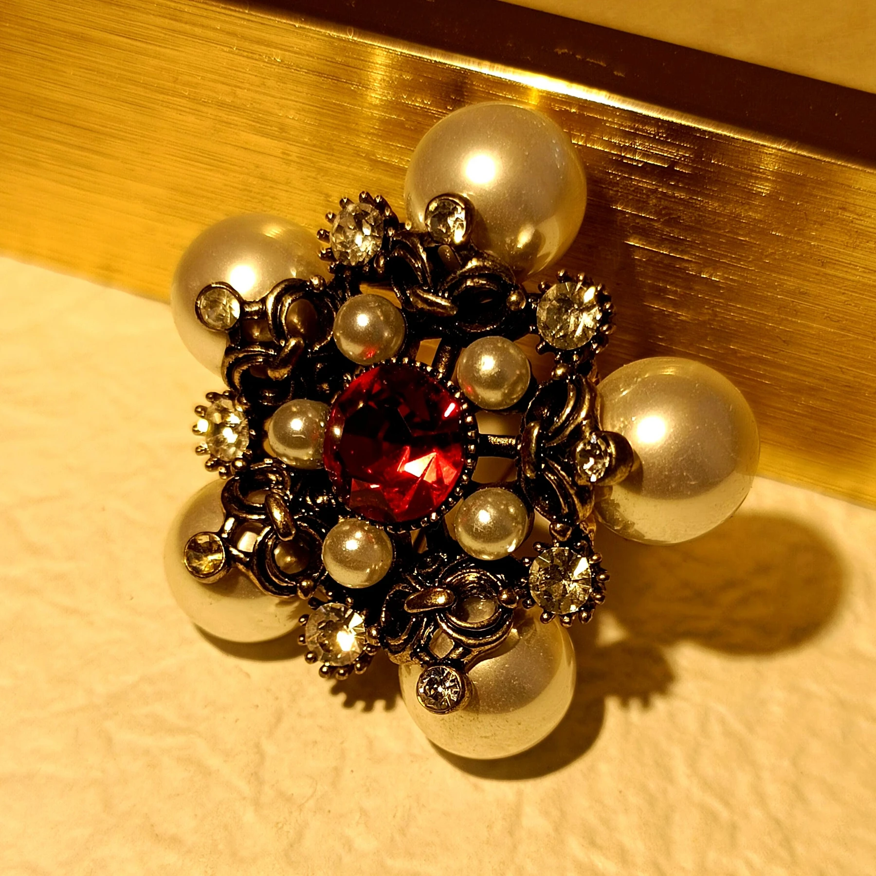 Retro Vintage Pearl and Red Star Brooch Pin Antique Collection Jewelry