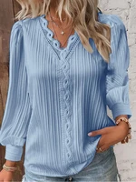 Women's Lace Stitching Shirt Loose Stitching V-neck Long Sleeve Pullover Chiffon Shirt Fall Top Simple Elegant Street Blouse - Image 4