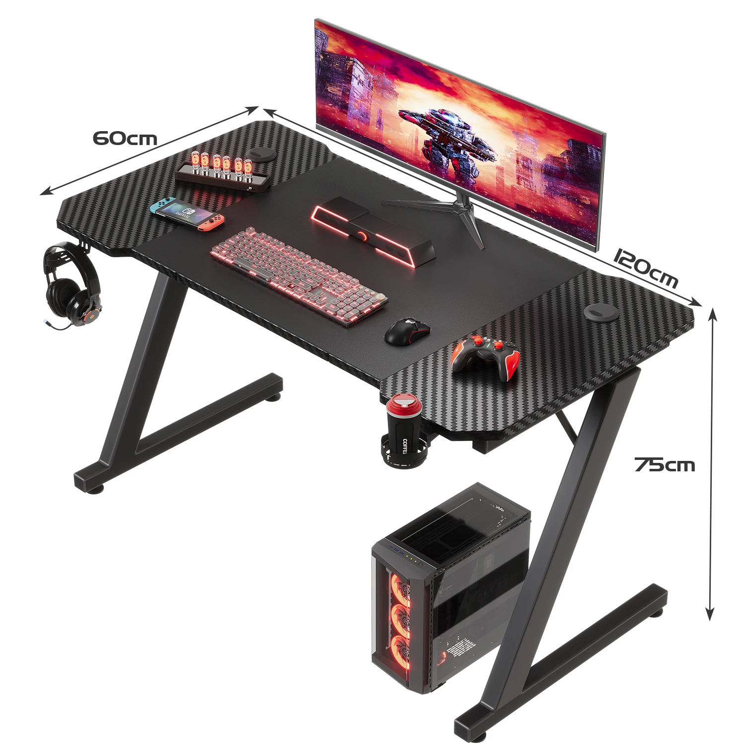 Mesa para juegos Devoko 120x60 cm Escritorio para juegos Mesa para PC con gancho para auriculares y revestimiento de fibra de carbono