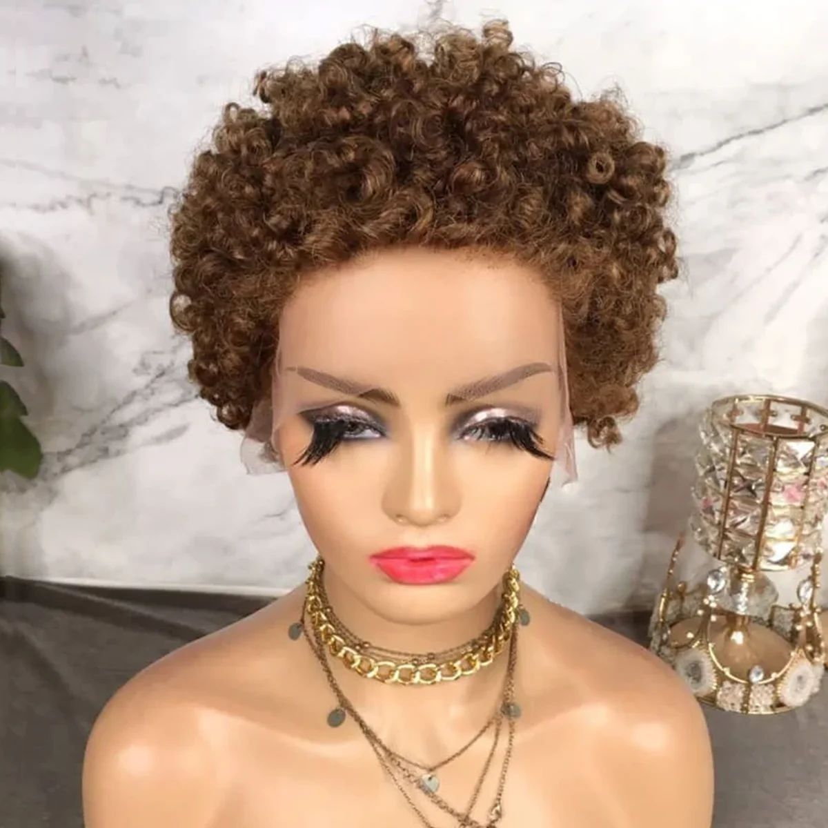 Short Pixie Curly Coils Lace Front Wig European Hair Remy Human Hair Dark Brown Color Wear and Go Glueless Wig Hair Extensions