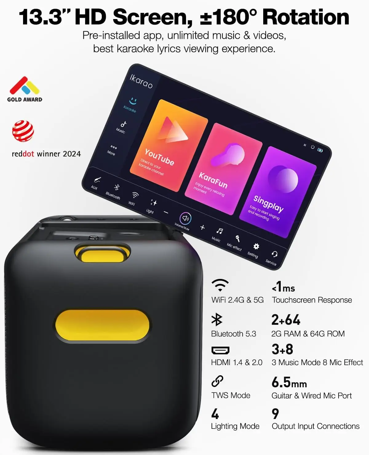 Karaoke Machine for Adults with Lyrics Display, Built-in 13.3" Screen, Truly All in One Karaoke Machine with 2 Wireless Micropho