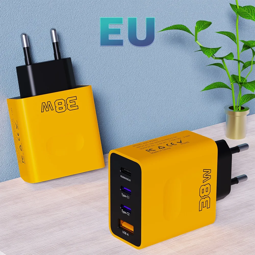 3 Ports PD Charger USB C Charger 38W Fast Charging Type C QC3.0 Quick Charger EU/US Plug Wall Adapter for iPhone 15 Xiaomi POCO