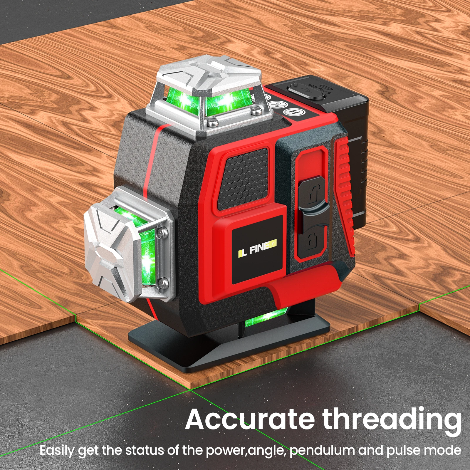 front view of a 16-line green laser level standing upright