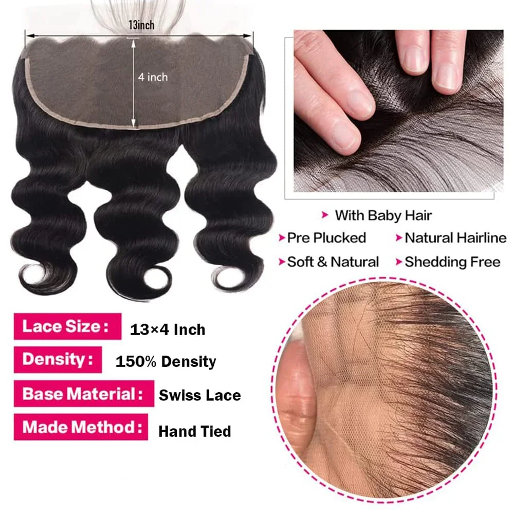 Body Wave Human Hair 3 Bundles with Closure 100% Unprocessed Brazilian Virgin Human Hair Weave Bundles with 13x4 HD Closure