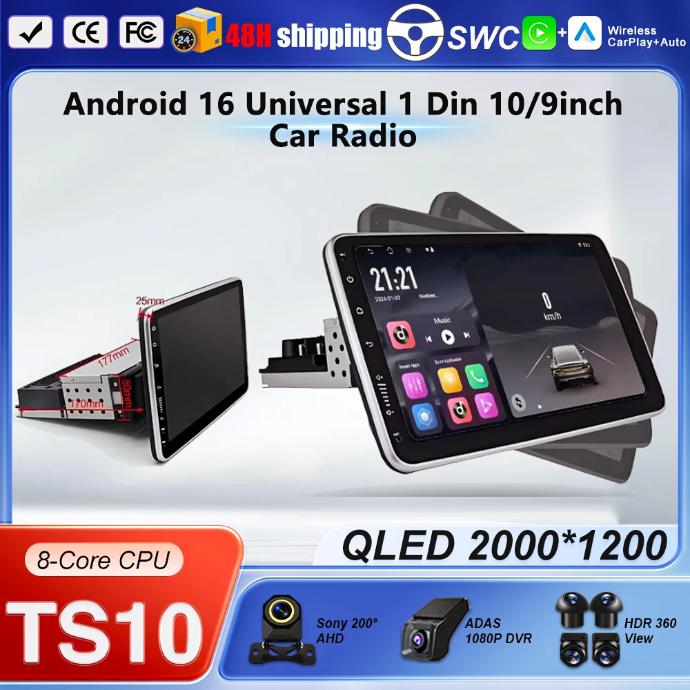 Radio para Auto Android 16 de 10.1 Pulgadas con Rotación Universal, Reproductor Multimedia Carplay, Navegación GPS, Estéreo para Auto, Bluetooth, WIFI 1