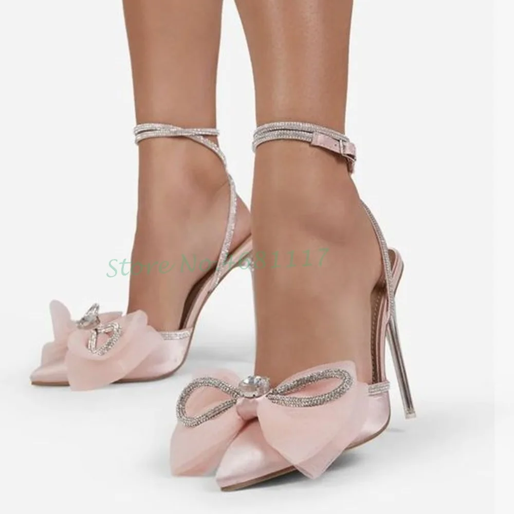 Women Tulle Crystal Bow Heels Sandals Slingback Thin High Heel Pink Pointy Toe Shoes Summer All Match Diamond Embellished