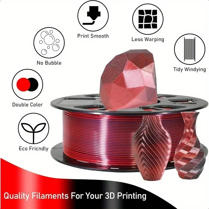 실크 PLA 3D 프린터 필라멘트, 실크 듀얼 컬러 블랙 레드 PLA 필라멘트 1.75mm, 샤이니 공압출 PLA 필라멘트, 색상 변화, 1kg