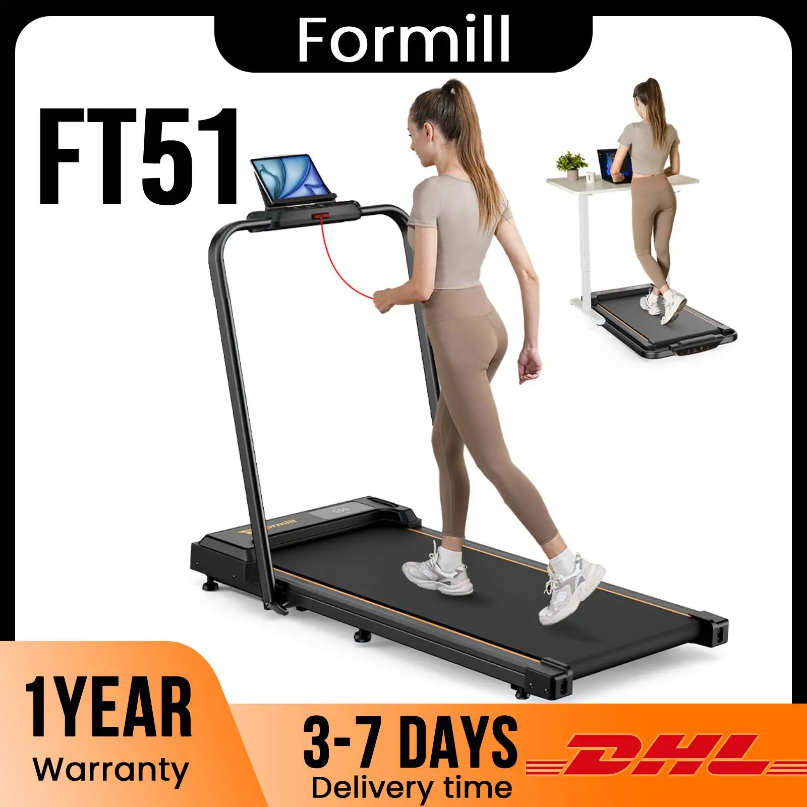 Tapis roulant pieghevole Formill FT51 10 KM/H con display LED e telecomando, tapis roulant portatile 2 in 1 con capacità di 120 kg per la casa