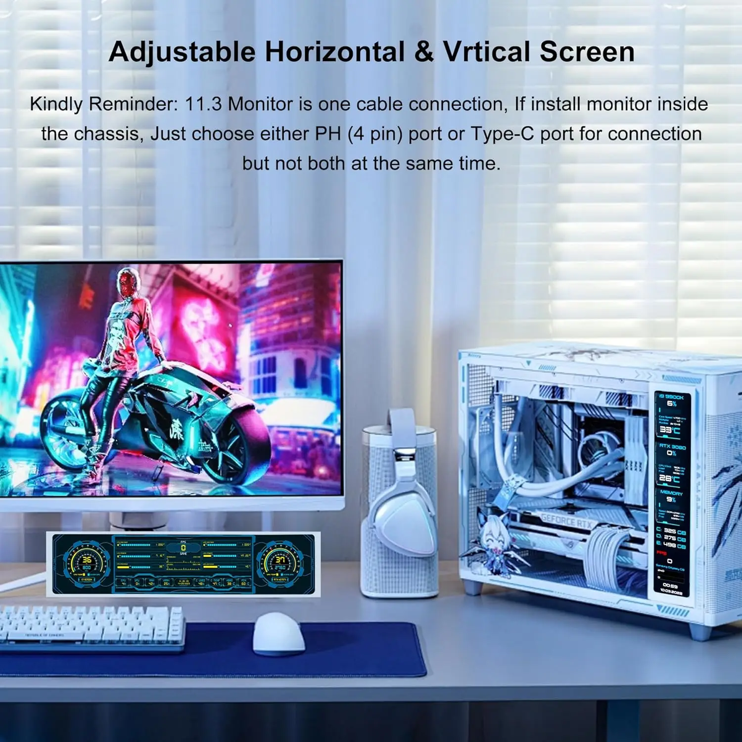 Wisecoco 11.3인치 보조 화면 1920*440 IPS LCD 모니터 USB 타입-C 디스플레이 PC 노트북용 Aida64 DIY 윈도우 10/11 전용