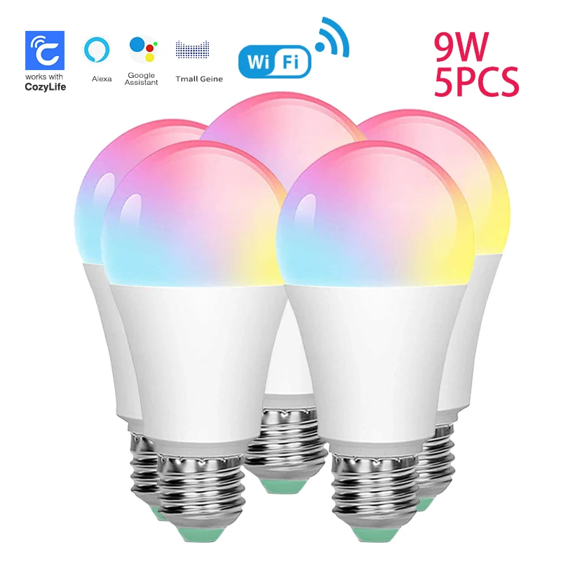 Smart led lamp SIXWGH E27 Bulb WiFi 9W Smart RGB Lamp Home Dimmable Timer Function Cozylife App Cotrol Supports Google Home Alexa