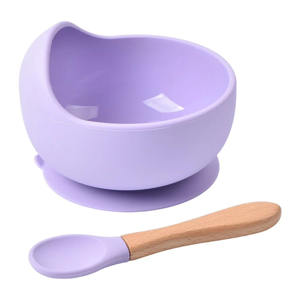 Baby bowl spoon Children Lunch silicone tableware wooden handle silicone spoon cup bowl baby Lunch Feeding