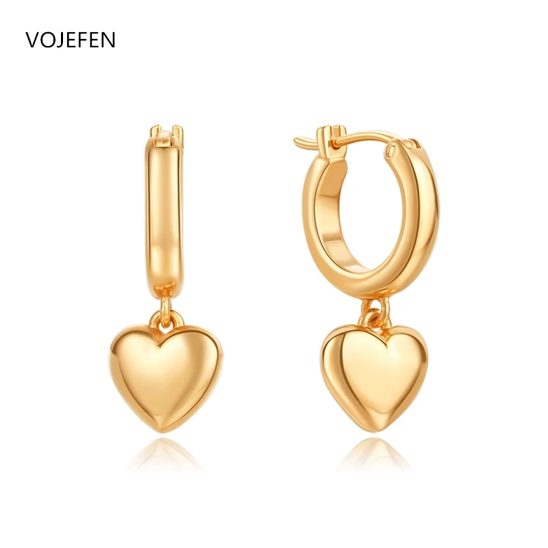 VOJEFEN 18k Gold Jewelry Cute Heart Love Dangle Drop Small Hoop Huggie Earrings For Women Girls Wedding Earring Trend 2022 Jewel