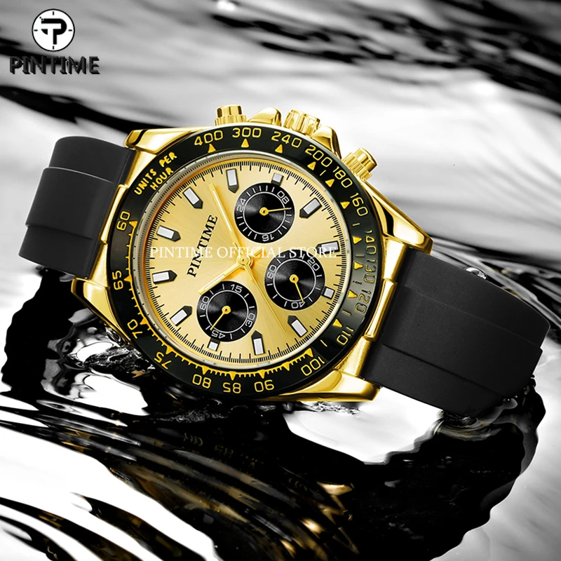 PINTIME Luxury Brand Watch For Men Black Gold Chronograph Military