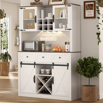 VOWNER Farmhouse Bar Cabinet with Sliding Barn Door, Sideboard Buffet Cabinet with Wine & Glasses Rack, Storage Cabinet for Kitc 1
