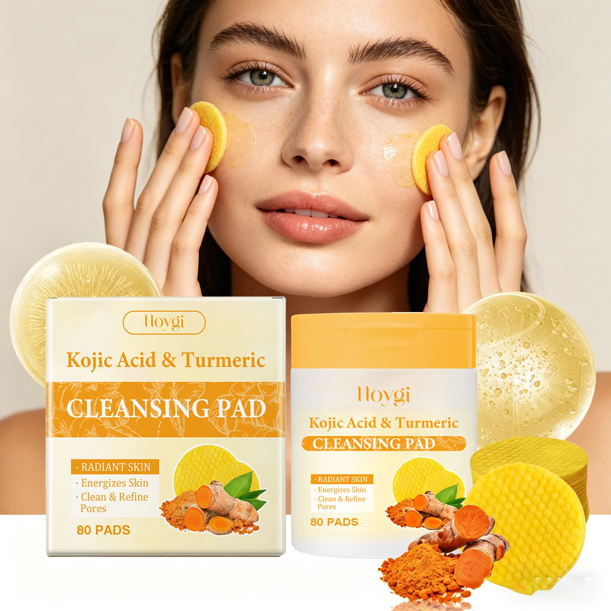 80PCS Turmeric Face Cleaning Pads Gentle Moisturizing Refine Pores Oil Control Enhance Smoothness Glowing Facial Exfoliating Pad_voghion.com