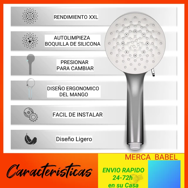 Alcachofa de Ducha con Alta Presión con 1,5m Manguera, Rociador con 6 tipos  de chorro, interruptor de límite, mango cromado