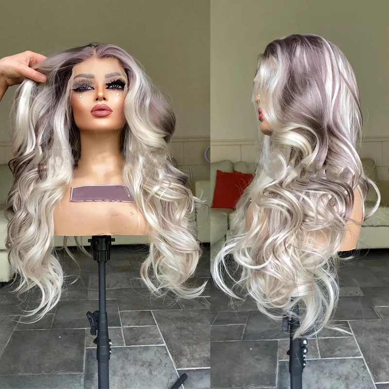 Human Synthetic Blend Wig 13x4 Lace Front Wig Browns White Blonde Highlights Gorgeous Long Hair Curly Layered Long Blonde