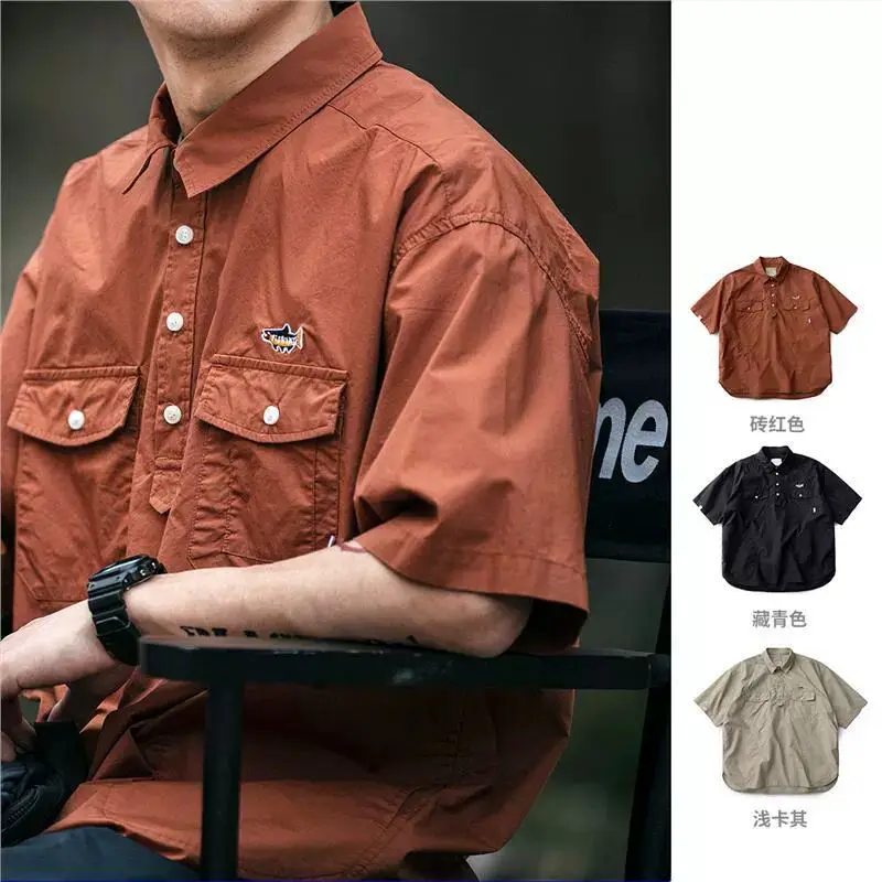 

Весна/Лето 2023, японская винтажная рубашка-поло с воротником и коротким рукавом, Мужская высококачественная повседневная рубашка с рукавом до локтя