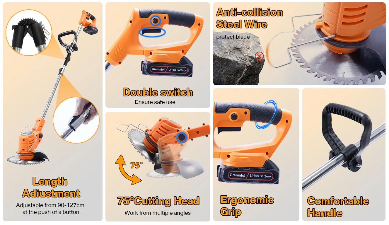 Grenintol 21V Kabelloser Trimmer, Bürstenloser Rasenmäher, 4,0Ah Akku, 4 Klingen, 2-in-1 Gras- und Gartenwerkzeug – Detail 4